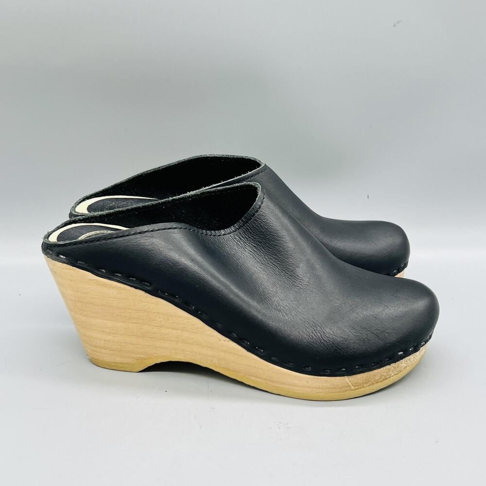 No. 6 Shoes Womens 6 Black Leather Platform Wedge Clog Mules Slip On Comfort